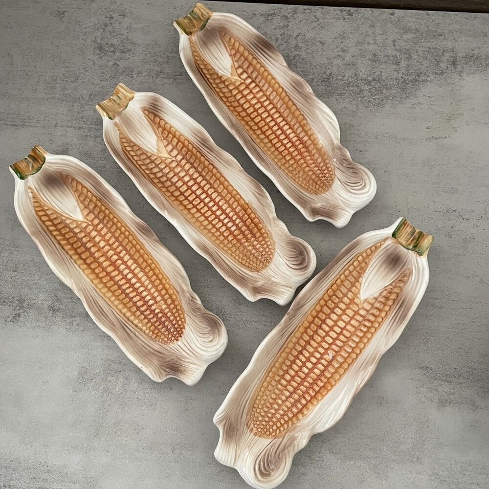 Vintage Lillian Vernon Set of 4 Corn on the Cob Individual Serving Plates 9.5"L
